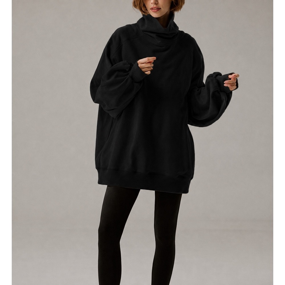 LIT Active Women Oversized Funnel Neck Balloon Sleeve Sweatshirt Black Large